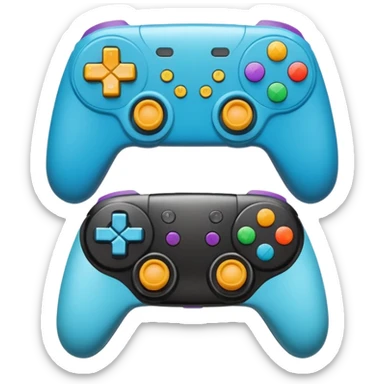 Create a modern, high-quality emoji featuring two gaming controllers to represent multiplayer gaming. keep it side by side and rotate the sides in opp direction and cartoon style  sticker