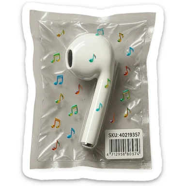 single white EarPod with scattered tiny rainbow glass music notes, glossy sticker