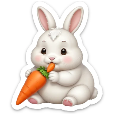 A chubby bunny thats cute and cuddly eating a mini carrot sticker