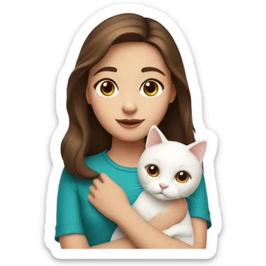Girl with brown eyes and brown hair holding a white cat  sticker