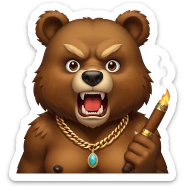 an angry wild bear with sharp teeth, a cigar in her mouth and a necklace around her neck sticker