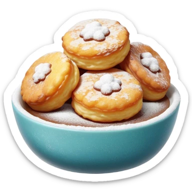 Buñuelo Cinematic Realistic Buñuelo Dessert Emoji, depicted as perfectly round, fluffy fritters served in a small bowl with a dusting of powdered sugar, rendered with vibrant textures and warm, inviting lighting. sticker