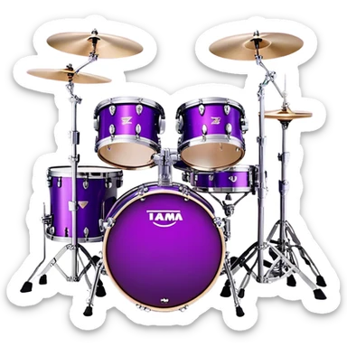 "Create a vibrant and detailed emoji representing Lars Ulrich's Tama Starclassic drum kit. The design should feature a sleek, glossy purple drum kit with glittering accents, including two large bass drums positioned side by side. The snare drum, toms, and cymbals should be clearly visible, with a high-shine finish that reflects the light. Add subtle musical notes around the kit to evoke rhythm and energy. Use a color palette of deep purple, black, silver, and sparkling accents to emphasize the unique look of this iconic setup. The background should be transparent. sticker