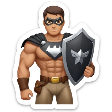 Muscular one eyed man wearing leather purse and holding shield. Superhero pose. sticker