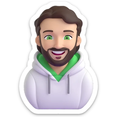 laughing guy with white hoodie, green eyes, dark brown hair and a short full beard sticker