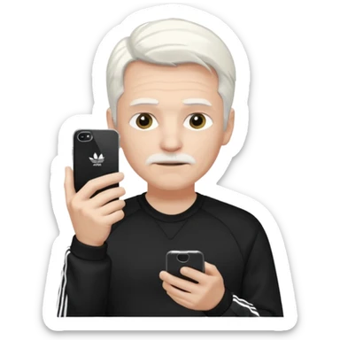 Hombre blanco con cabello blanco ropa negra Adidas y un teléfono en la mano derecha viéndolo sticker