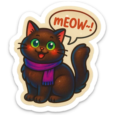Fluffy cute silly smiling happy dark-brown cat with green eyes and a purple scarf saying ‘mEoW~!’ (With a speech bubble) sticker