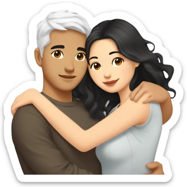 A half pale Asian man with short dark hair and amber eyes embracing and loving a half Asian woman with long wavy dark hair and dark hazel eyes. They love each other a lot And have good fashion taste and are hugging each other tight  sticker