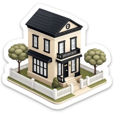 Isometric exterior little black, beige, and white townhouse, dollhouse style 3D realistic  sticker