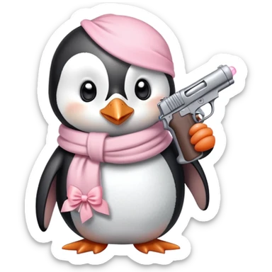 cute penguin wearing light pink bow scarf not on head and holding light pink gun  sticker