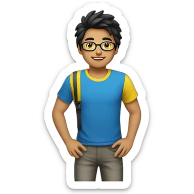 Boy with blue and yellow t-shirt and glasses and black hair sticker