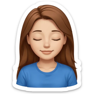 female face smiling with closed eyes with long brown hair and brown eyes in a blue t-shirt sticker