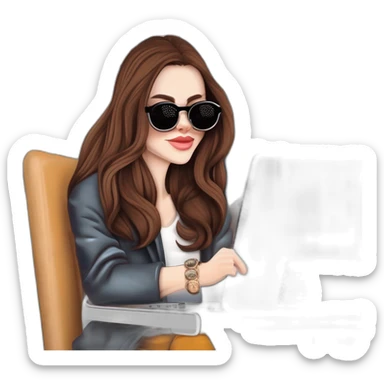 pale skin middle brown long hair woman with funny sunglasses and a laptop with a coffee sticker in it sticker