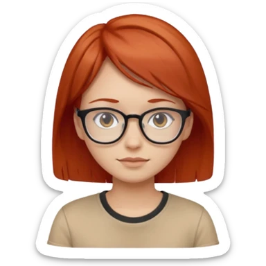 girl short-layer-red-hair wear beige T-shirt, wear glasses sticker