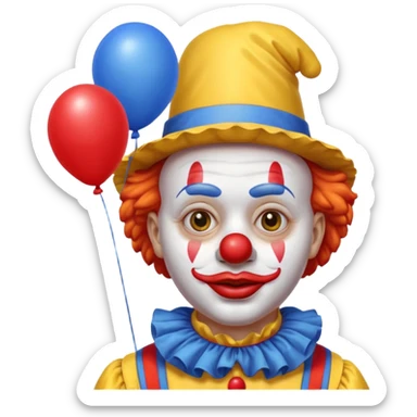 A clown who has a yellow hat, yellow clothes, blue neck ruffle, and a red balloon as his lips; sticker