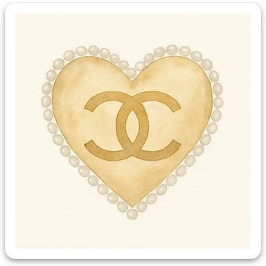 Chanel heart with interlocking C's, metallic gold, pearl border, elegant, watercolor art style sticker