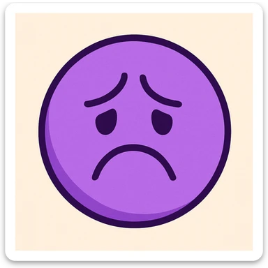 Create an emoji for 'Bad' in a flat, colorful, minimal style with a sad face and purple color, matching the style of the reference image. sticker