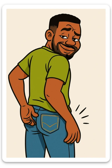 Make the character more cartoonish with exaggerated features, keeping the pose of scratching his backside. Use bright colors and a playful style, maintaining a lighthearted and non-explicit tone. sticker