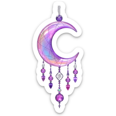 Iridescent shiny transparent pastel purple-pink-indigo-violet crescent-moon-Dreamcatcher hanging from a thread, with gemstones, and beads sticker