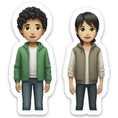 asian boy with short curly hair and brown eyes holding hand of girl with green eyes and dark long straight hair sticker