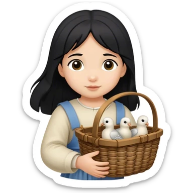 toddler girl with black hair carrying wicker basket with turtledoves, medieval age sticker