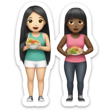 Big back Asian girl and black girl eating sticker