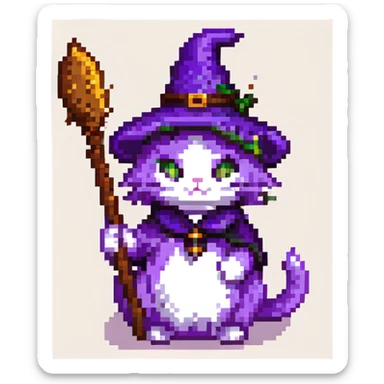 cute pixel art cat with purple fur and a witch's broom sticker
