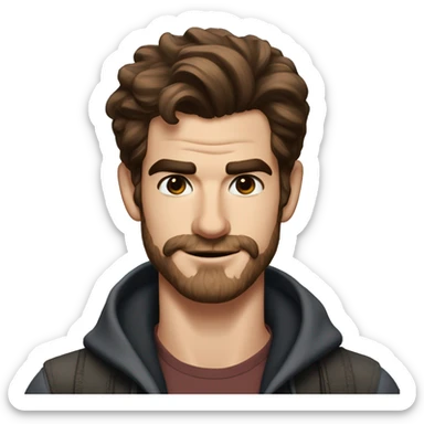 Andrew Garfield but with dark brown and black hair, some stubble on the beard, and a narrower face sticker