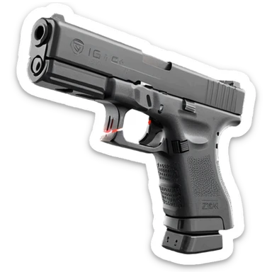 an all-black Glock 19 with a magazine extension and a red laser that glows.  sticker