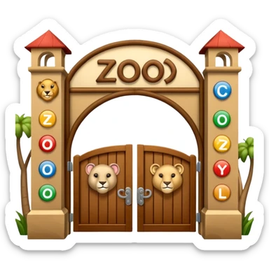 wooden zoo entrance gate with the word 'zoo' on top, open gates, cartoonish emoji-style animals including elephant, lion, kangaroo, and monkey standing near the entrance, classic emoji style, no background sticker