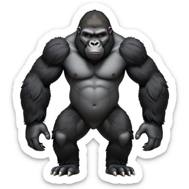 cinematic-gorilla-realistic-full-body-standing on all fours-emoji,-broad-and-powerful-frame-poised-with-confidence,-massive-arms-hanging-slightly-forward,-head-tilted-thoughtfully,-thick-black-fur,-deep-dark-eyes-full-of-intelligence,-simplified-yet-realistic sticker