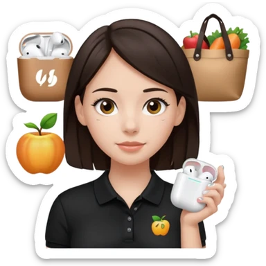 Girl with dark brown hair with airpods wearing a black wegmans grocery store polo sticker
