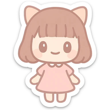 asian girl with cat ears, brown hair with blunt bangs, pink dress, very busty, cute and appealing style sticker