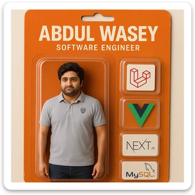 Create a realistic action figure toy of the person in the photo, packaged in a strong orange carded blister box. The card should have 'Abdul Wasey' at the top and 'Software Engineer' underneath. Next to the figure, include four separate equipment items, each in its own individual blister: 1) a Laravel logo, 2) a Vue logo, 3) a Next.js logo, 4) a MySQL logo. Do not repeat any equipment. All items must be inside their own blisters, visualized in a realistic way. The style should be photorealistic and realistic packaging visualization. sticker