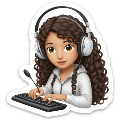 Spanish girl with long dark curly hair, wearing a white gaming headset and playing on keyboard with a gaming mouse in one hand sticker
