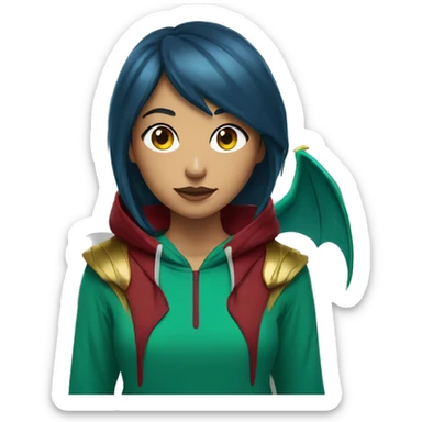 Lady with brunette and blue hair, gold, green dragon wings, maroon hoodie, black and gold Nike t shirt, and bright red eyes sticker