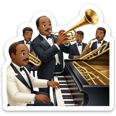 Icon for Jazz Music: Count Basie Orchestra, with Count Basie at the piano surrounded by jazz musicians playing instruments like saxophones, trumpets, and drums. Floating musical notes should capture the energetic and smooth vibe of big band jazz. Transparent background. sticker