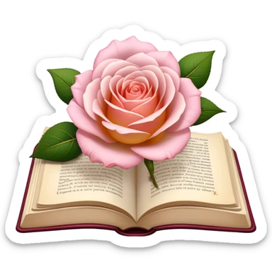 Icon for Poetry Reading: an open book with flowing, elegant verses on the pages, surrounded by a delicate flower. The icon should evoke the beauty and emotion of poetry. Transparent background. sticker