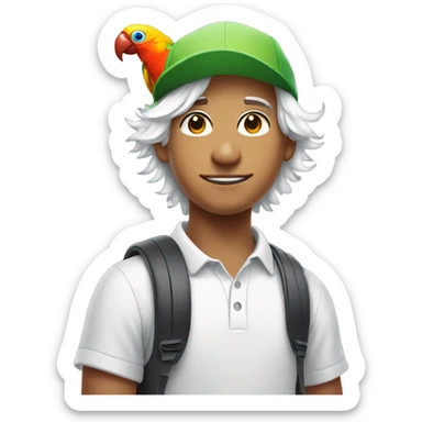 boy with white hair portrait wearing a golf cap and a colorful parrot on his shoulder  sticker