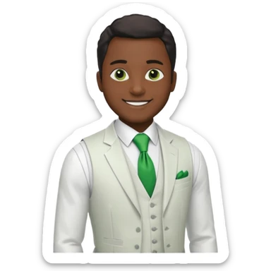 businessman, black skin, black eyes, white suit vest, green tie sticker