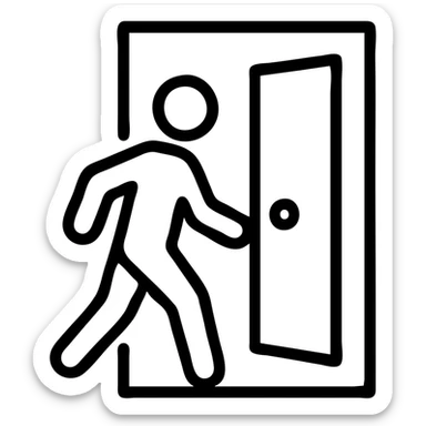 minimalistic icon of a white human figure walking through an open outlined door, viewed from the front, door with visible doorknob, solid green background, flat simple clean lines, high contrast sticker