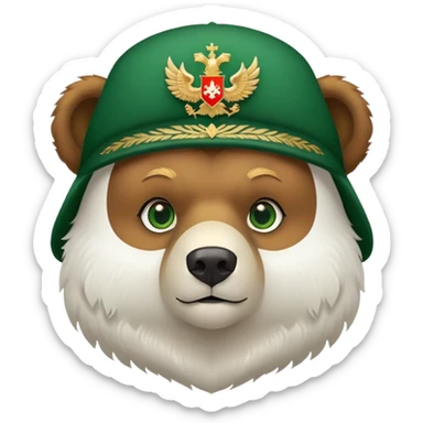 Cute brown bear head with green eyes, wearing white fluffy ushanka with precise Russian coat of arms showing golden double-headed eagle with all official details, iOS emoji style sticker