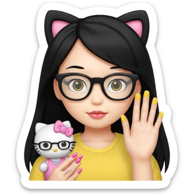 Nails cute with hello kitty wear glasses black long  hair wear, yellow shirt sticker
