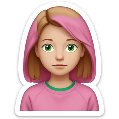  Una donna con una felpa semplice rosa, senza cappuccio. i capelli sono lunghi fino alle spalle marroni chiaro,gli occhi sono verdi e la bocca è contenta ma non sorride sticker