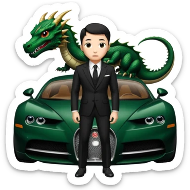 mysterious scenery: green audemars piguet watch (without text), black bugatti, and a dark green dragon, and a mysterious chinese agent from The Matrix with his eyes censored sticker