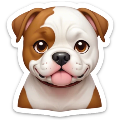 Cinematic Cute White and Brown American Bulldog Portrait Emoji, Head tilted playfully and inquisitively, soft white fur with rich brown patches, round, sparkling brown eyes filled with curiosity, Simplified yet irresistibly adorable features, highly detailed, glowing with a warm, friendly glow, high shine, affectionate and lively, stylized with a touch of whimsy, bright and endearing, soft glowing outline, capturing the essence of a mischievous yet loving pup, so playful it feels like it could bound out of the screen and into your arms! sticker