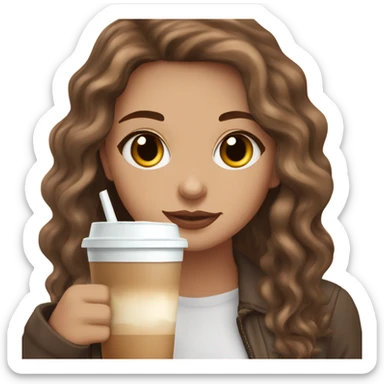 aesthetic white girl with brown wavy hair and brown eyes sipping an iced americano in a cute coffee shop  sticker