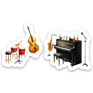 inside a jazz club, bar, stage, and jazz instruments, warm lighting sticker