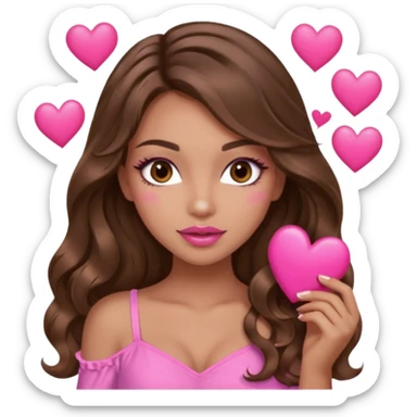 girl with long wavy brown hair, brown eyes, long lashes makeup, sexy pink lips, light to medium complexion, wearing a pink sexy top, many  hearts in hand sticker