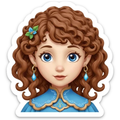 Kind Girl toymaker wood carving elf. Blue eyes. brown (just below chin length) wavy curly hair & bangs. Whimsical playful  sticker